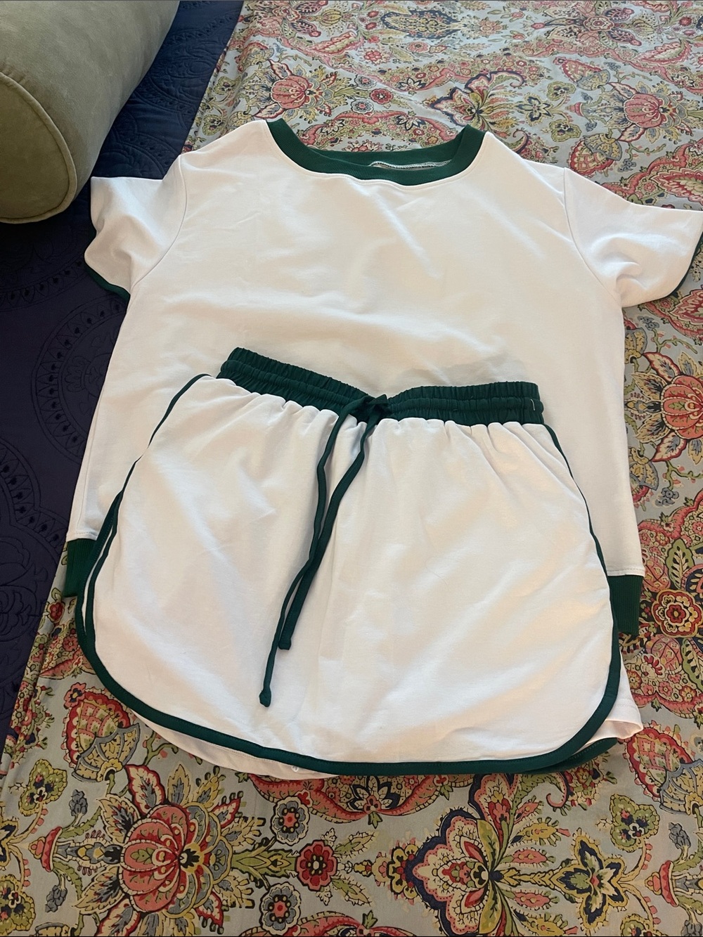 White Tee and Skort Set with Dark Green Trim